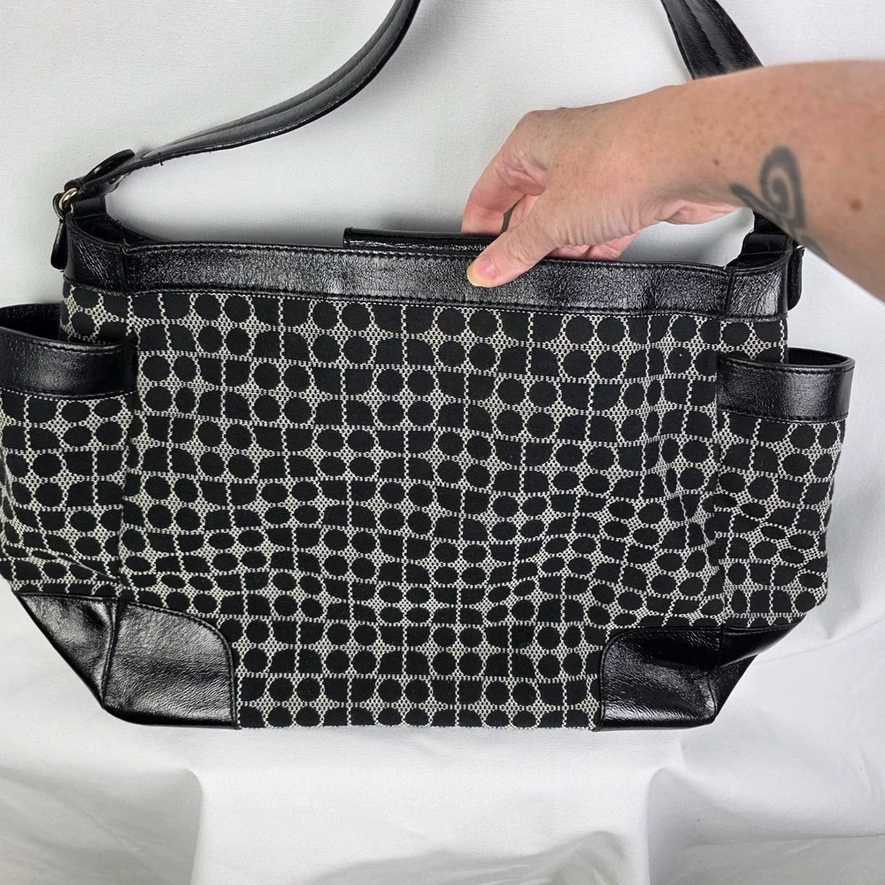 Kate Spade Black Cream‎ Spade Dot Jacquard Stripe Leather Trim Shoulder Bag Tote